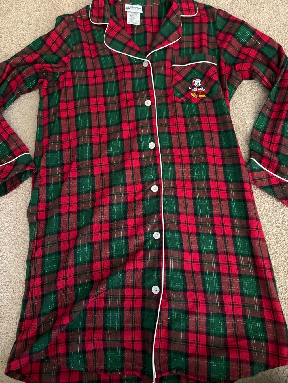 Disney Red and Green Plaid Button-Front Nightgown with Embroidered Mickey